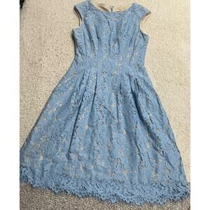 Vince Camuto Womens Sz 2 Sleeveless Lace Overlay Knee Length Dress Pockets Blue